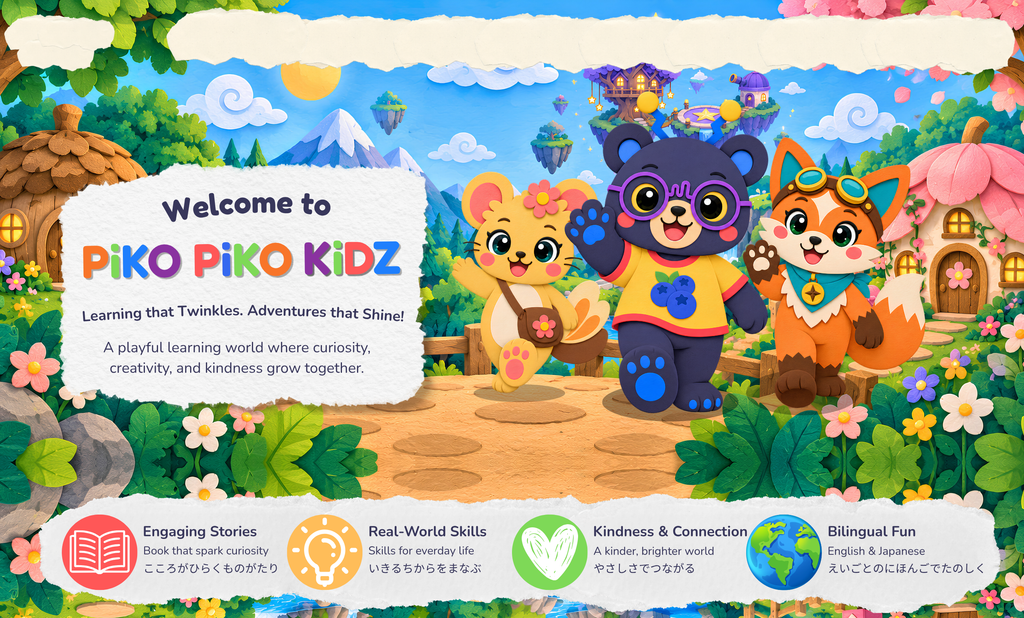 Home Page title:
Piko Pika Kidz | Bilingual Learning Adventures for Kids
H1 heading somewhere as real WordPress text:
Piko Pika Kidz
Supporting real text:
Bilingual English and Japanese educational books, learning activities, stories, and adventures for young learners.
Hero image alt text:
Piko Pika Kidz characters Beari, Pippa, and Kiko walking through the colorful paper-art world of Lunaria.
